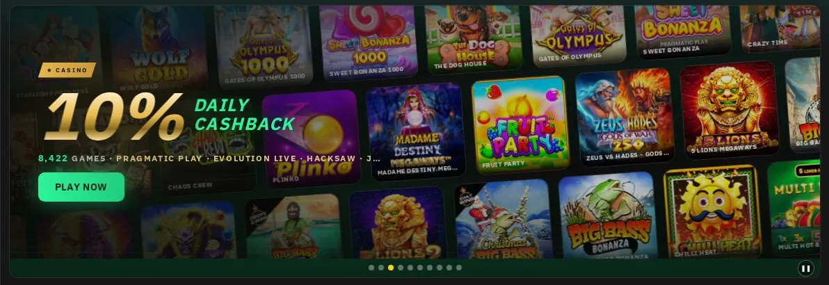 Casino cashback slide with 8,422 games