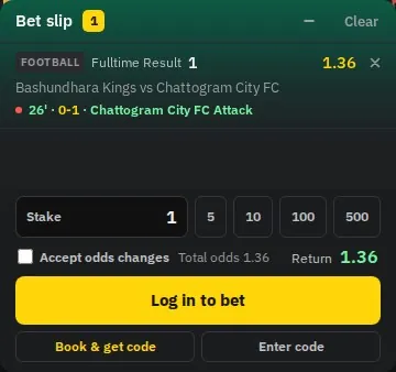 Betslip of a live brand with the live line, stake chips, book and get code, enter code